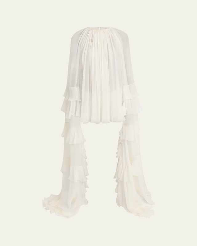 Draped Ruffle Sleeve Silk Mousseline Ruffle Mini Dress